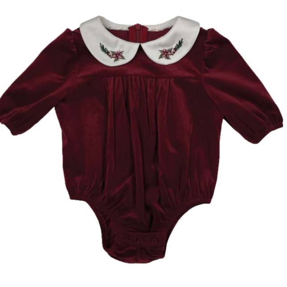 Maniere Burgundy Baby Romper with Embroidered Collar